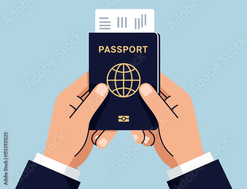 Hands holding passport with boarding pass