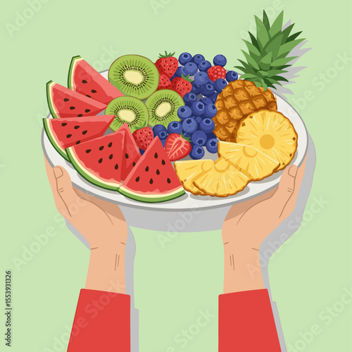 Hands holding platter with fresh fruit assortment