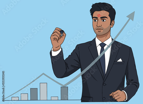 Indian businessman drawing growth graph