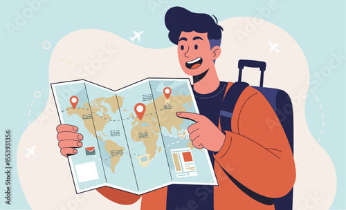 Male traveler holding world map planning journey