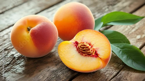 peaches on a wooden table with green leaves