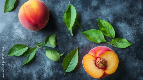 peaches on a wooden table with green leaves