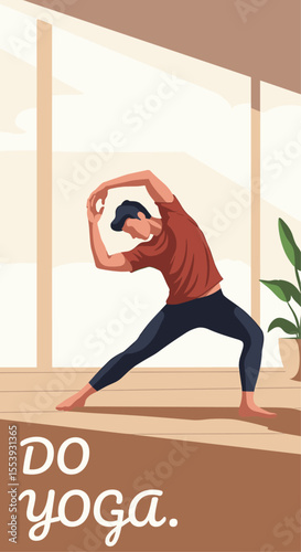 Man practicing yoga side bend stretch indoors