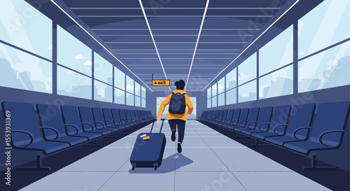 Man running in airport terminal with luggage