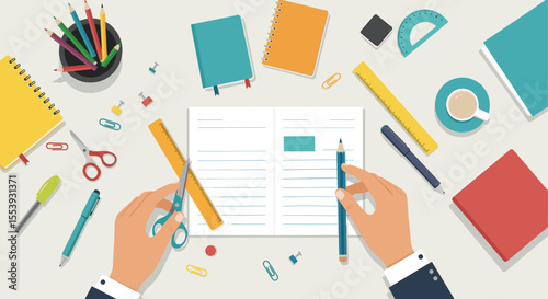 Teacher hands working on desk with school supplies