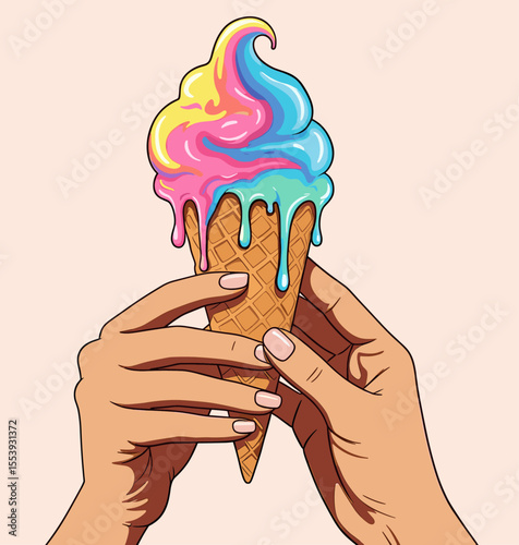 Hands holding melting colorful ice cream cone