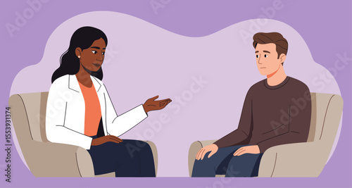 Psychotherapy session, sad man talking with female psychologist