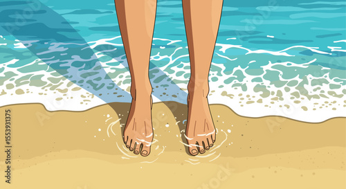 Legs standing on sandy beach in ocean waves