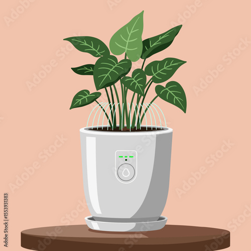 Self watering smart plant pot with green plant