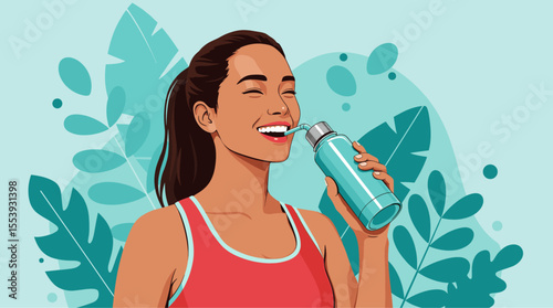 Smiling woman drinking water from reusable bottle