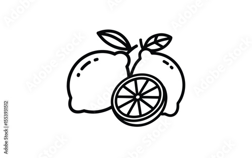 Simple black and white line art illustration of two lemons and a lemon slice
