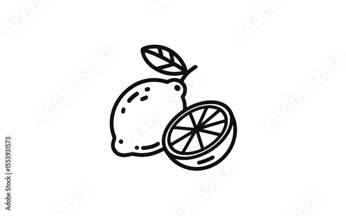 Simple black and white line art illustration of a whole lemon with a leaf and a sliced lemon
