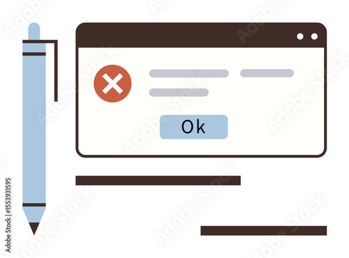 Error pop-up window with close icon, ok button, and pen signifying correction. Ideal for technology, troubleshooting, feedback, productivity, communication, software development user interface