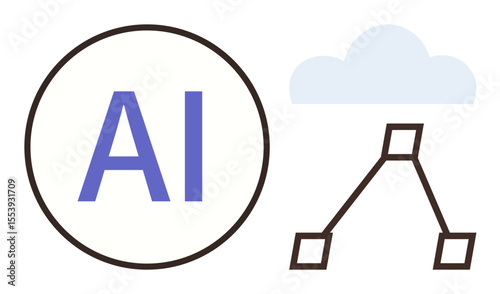 AI text in a circle beside a cloud and decision tree structure. Ideal for technology, innovation, AI models, cloud computing, big data, network, automation concepts. Simple flat metaphor