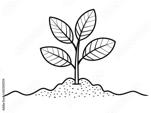 Black Outline Plant with Leaves Growing from Soil sprout