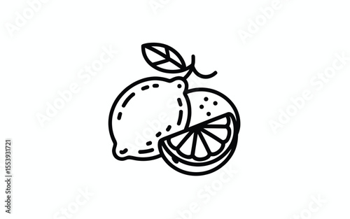 Simple black line drawing of a whole lemon and a sliced lemon with a leaf