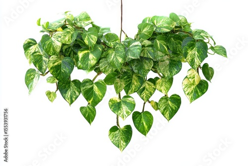 Heart shaped green variegated leaves of a hanging devil s ivy Epipremnum aureum a favored tropical houseplant isolated on white with a transparent background