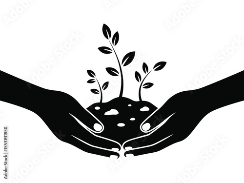 Black Silhouette Hands Holding Sprouting Plants white