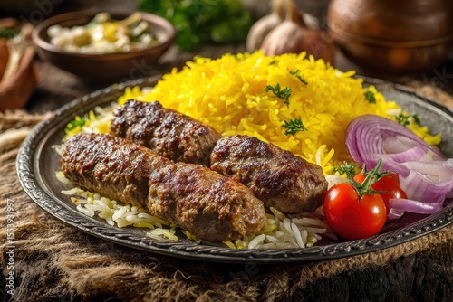 Classic beef kofta kebab and tarb kufta minced meat wrapped in lamb fat grilled and served with yellow Basmati rice