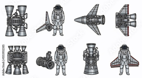 Vector illustrations of astronauts in space suits, powerful rocket engines, and futuristic spacecraft components. Ideal for science fiction, space exploration, and advanced technology designs