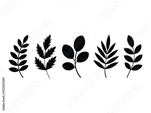 Five Black Leaf Silhouettes on White Background leaves