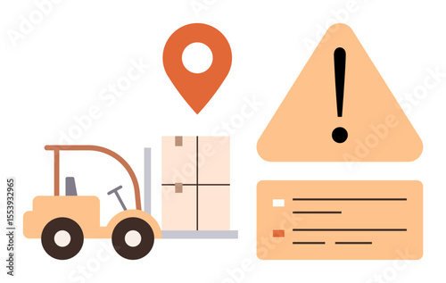 Forklift carrying a box with location marker, caution triangle, and checklist. Ideal for logistics, warehouse management, supply chain, shipping, delivery, hazard awareness simple flat metaphor