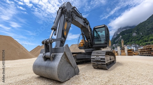Industrial excavator amidst gravel piles, construction zone - zone large earthworks aggregate