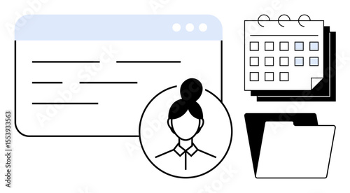 Interface window, profile avatar, calendar, and folder symbolizing task management, organization, and productivity. Ideal for scheduling, planning, profile management workflow data organization