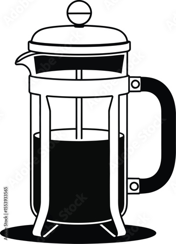 Black and white illustration of a french press coffee maker filled with dark liquid