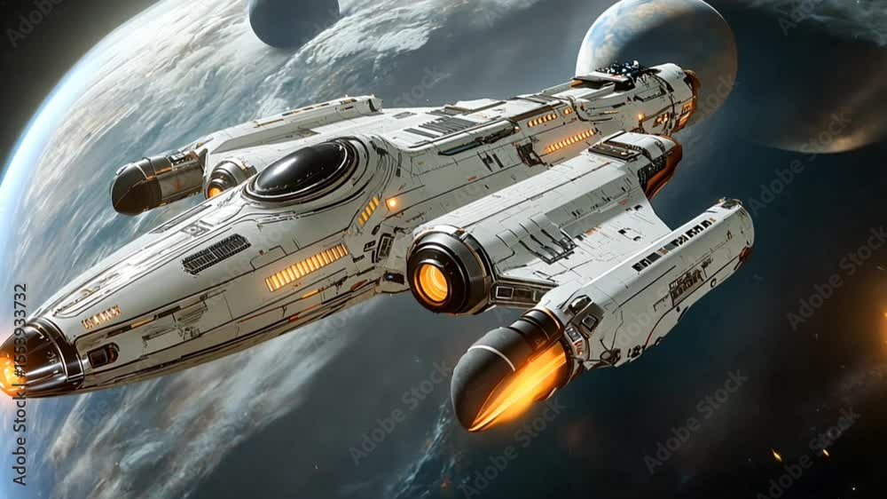 White futuristic spaceship navigates across outer space with glowing engines and distant planets. Space travel concept