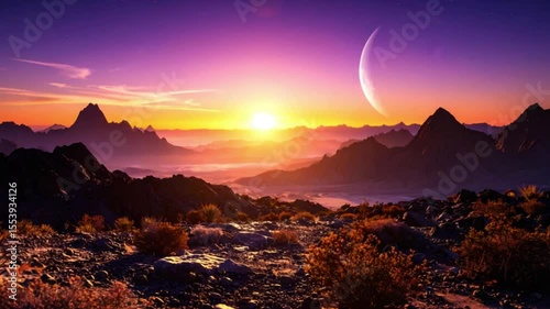 Sunrise Desert Mountain Vista Crescent Moon, Panoramic View