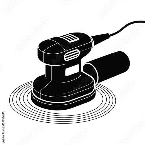 Black and white illustration of an electric orbital sander with dust collection