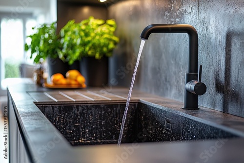 Modern Black Kitchen Sink and Faucet with Running Water