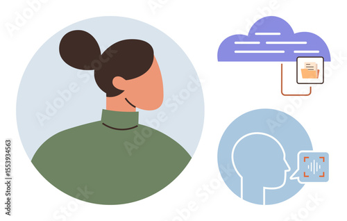 Woman profile, cloud storing files, face icon with voice input highlight. Ideal for technology, data, communication, identity, cloud computing AI tools voice interface. Simple flat metaphor