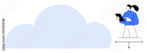 Woman holding tablet beside large cloud shape. Ideal for cloud computing, data storage, technology, digital management, innovation, remote work, simple landing page