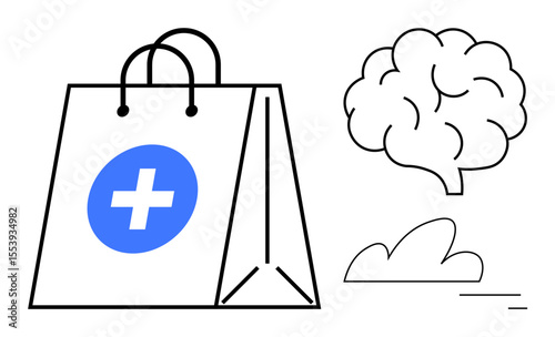 Medical-themed shopping bag with cross symbol alongside a sketch-thumbs up human brain and cloud. Ideal for healthcare, mental health, medical services, e-commerce, prevention, wellness, simple