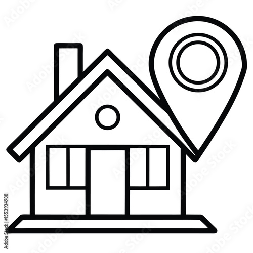 Simple line art icon of a house with gps location marker