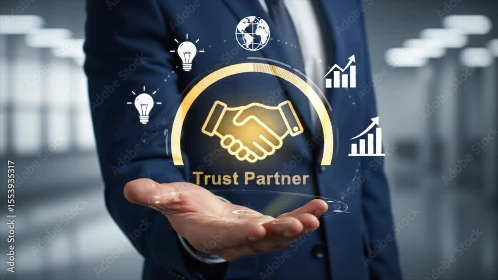 Trust partnership concept with businessman holding digital handshake icon, representing reliable cooperation, strategic success, long-term business relationships, B2B marketing, consulting.