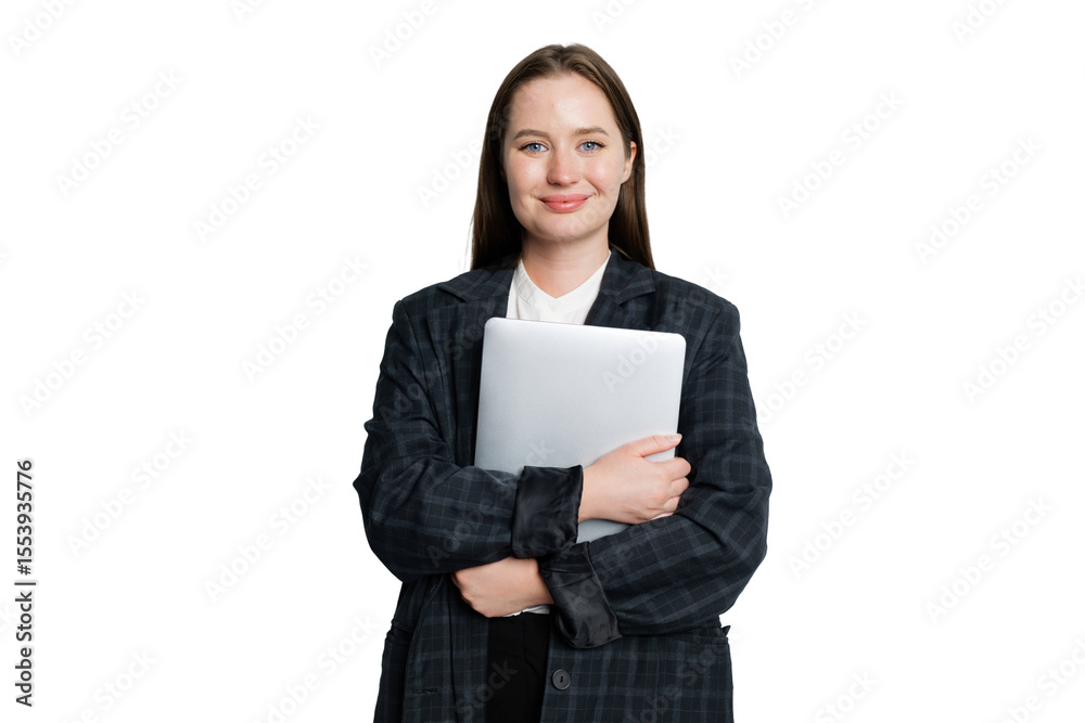 Confident woman holding a laptop embraces her role in a modern business environment with a stylish outfit and engaging smile Confident woman holding a laptop embraces her role in a modern business environment with a stylish outfit and engaging smile
