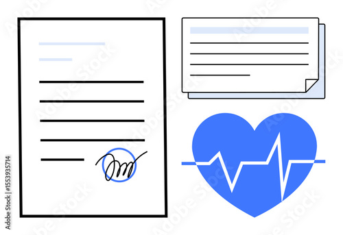 Official signed document, stacked medical records, and heart with heartbeat line. Ideal for healthcare, agreement, insurance, wellness, contracts data management medical analysis. Simple flat