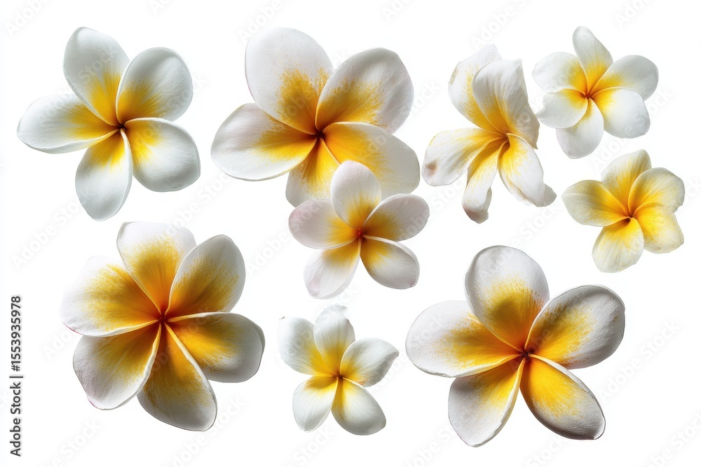 Naklejka premium collection of frangipani blooms on a white background