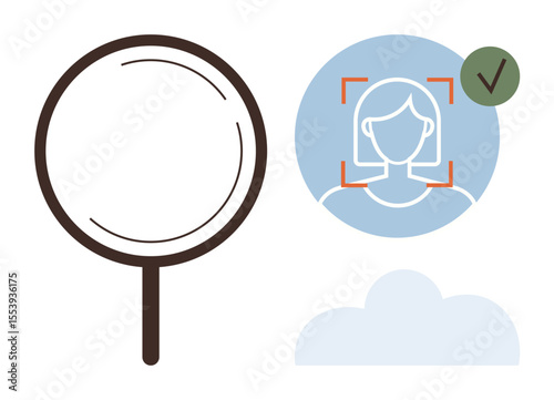 Magnifying glass inspects approved facial recognition icon within a cloud circle. Ideal for biometric, technology, security, data privacy, digital identity, artificial intelligence, and research