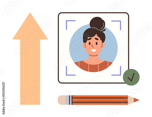 Profile photo in selection frame with pencil, upward arrow, and green checkmark conveying update, selection, or approval process. Ideal for identity, profile setup, user management, recruitment