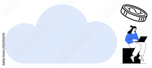 Woman seated with laptop near cloud shape and coin. Ideal for cloud computing, online finance, innovation, tech services, remote work, digital economy, simple flat metaphor