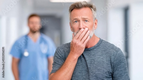Worried mature man covers his mouth with his hand, medical professional in background.