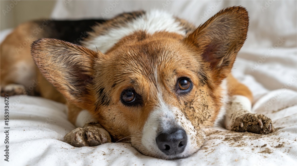 Obraz premium Muddy dog resting on white sheets, paws and face covered in dirt, looking at the camera.
