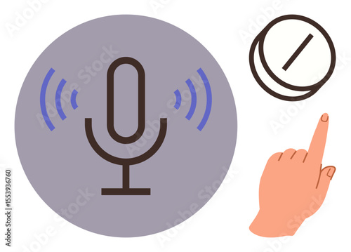 Microphone icon with sound waves, finger tapping a button for activation. Ideal for technology, communication, voice recognition, smart devices, user interaction, tech assistance, audio concepts