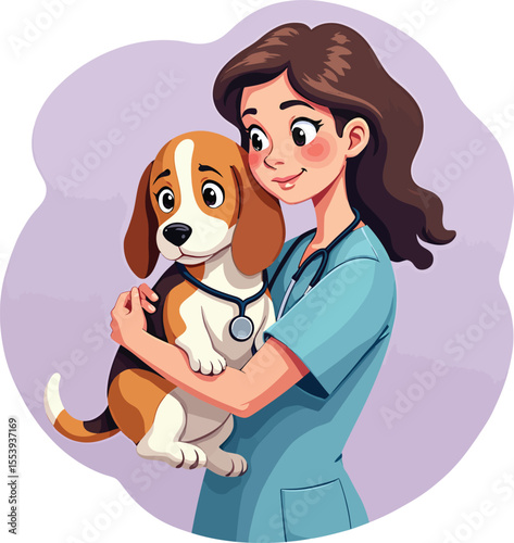 Cartoon veterinarian holding beagle dog pet care animal health veterinary clinic doctor service appointment