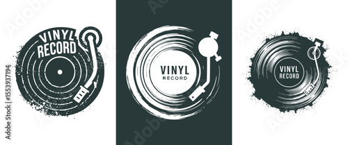 Vintage Vinyl Record Player Turntable Grunge Style Vector Illustration Set for Retro Music Lovers DJ Decor Album Cover Posters Audio Themed T Shirt Designs Editable AI Format for Print and Web Use