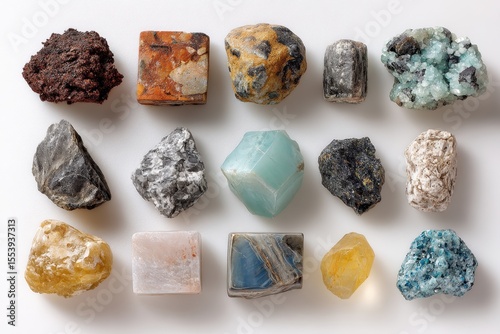 A group of minerals and stones on a white background iron ore sandstone apatite quartz bauxite phosphorite magnesite gypsum agate asbestos marble corundum kaolin and more